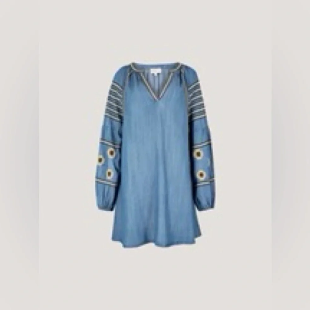APRICOT 🍑- Blue Embroidered Long Sleeve V-Neck Dress - Picture 6 of 6